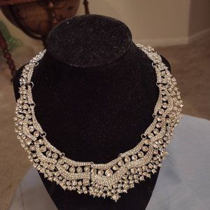 - Vintage runway silver crystal rhinestone bib statement necklace